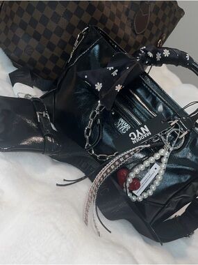Madison Black Patent Shoulder Bag with Pearl Charm and Daisy Scarf
